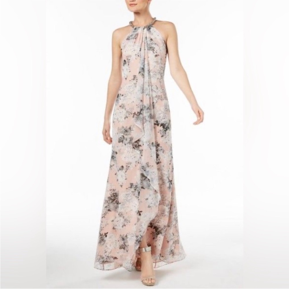 Pink Floral Draped Maxi Dress